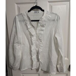 Anna Kay | White Ruffle V Neck Button Front Shirt Blouse Size S